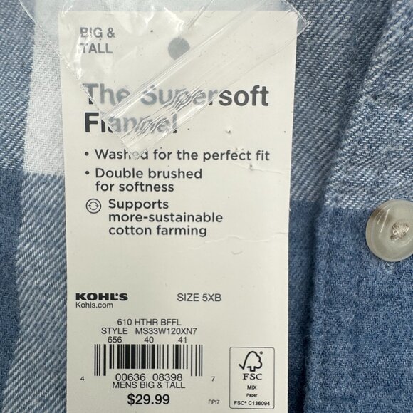 NWT Sonoma Men's Big & Tall Blue White Plaid Long Sleeve Flannel Size 5XB - Picture 5 of 7